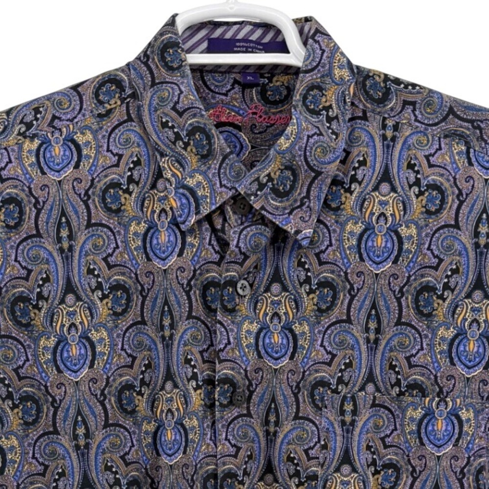 Alan Flusser Mens XL Paisley Button Down Shirt Blue Purple Gold 100% Cotton